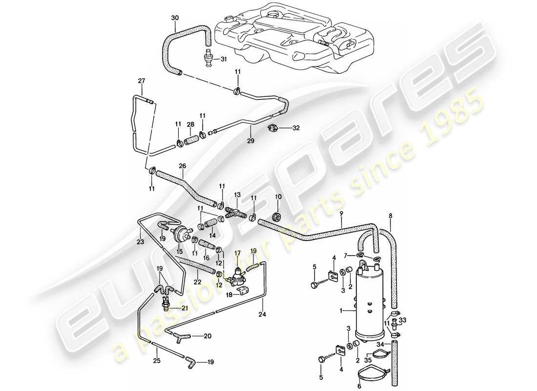 porsche 1986 (944) diagrama de piezas del recipiente de emisiones evaporativas