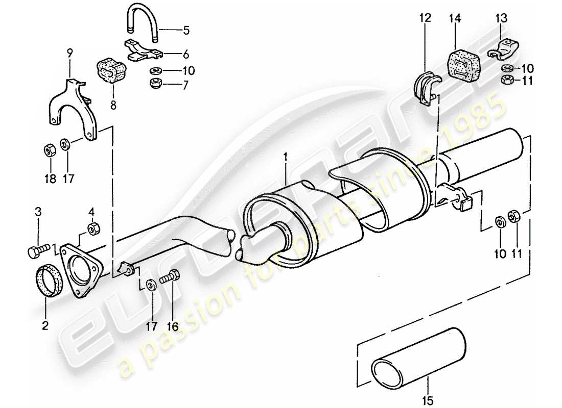 porsche 1989 (944) sistema de escape - silenciador de escape, trasero diagrama de piezas