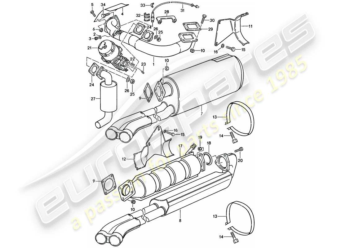 porsche 1984 (911) sistema de escape diagrama de piezas