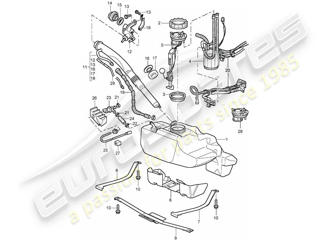 porsche 2003 (996 turbo / gt2) depósito de combustible diagrama de piezas