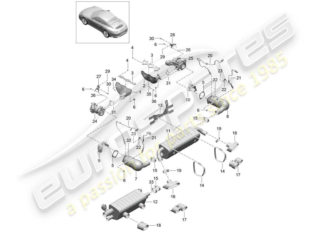 porsche 2017 (991-2) sistema de escape diagrama de piezas
