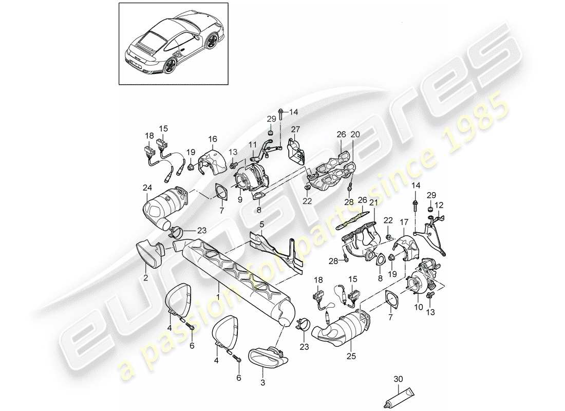 porsche 2011 (997-2 turbo / gt2 rs) sistema de escape diagrama de piezas