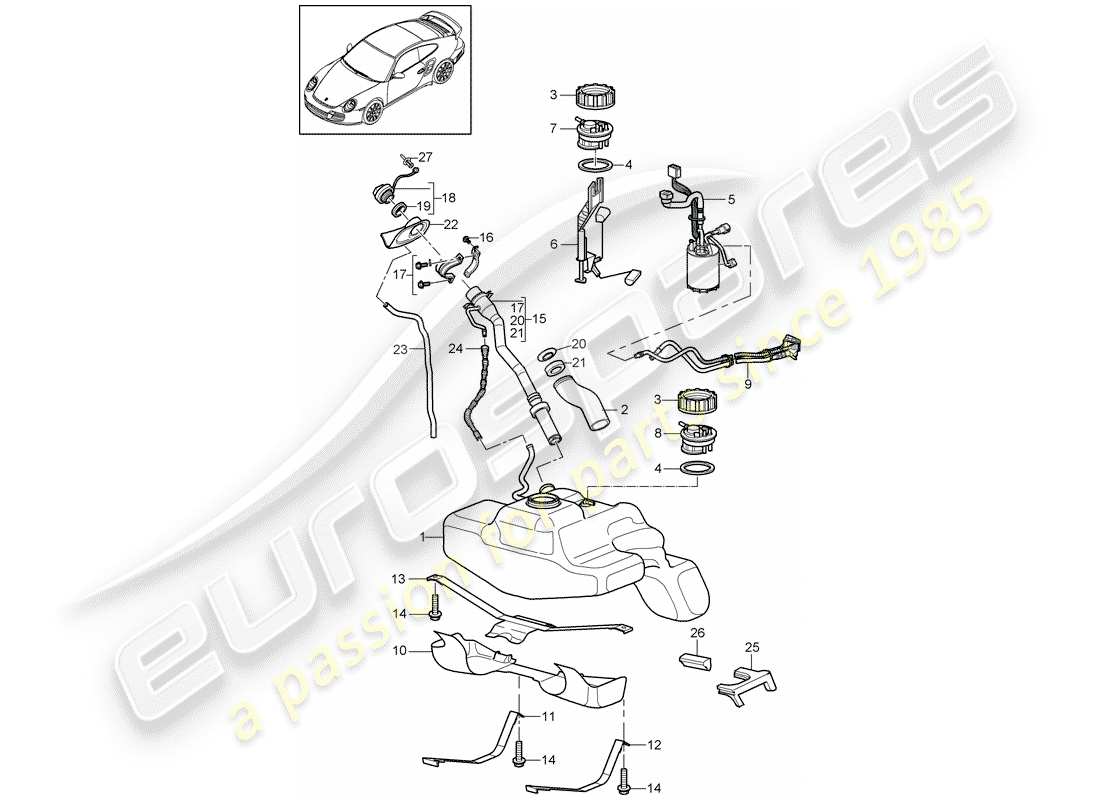 porsche 911 t/gt2rs (2012) diagrama de piezas del tanque de combustible