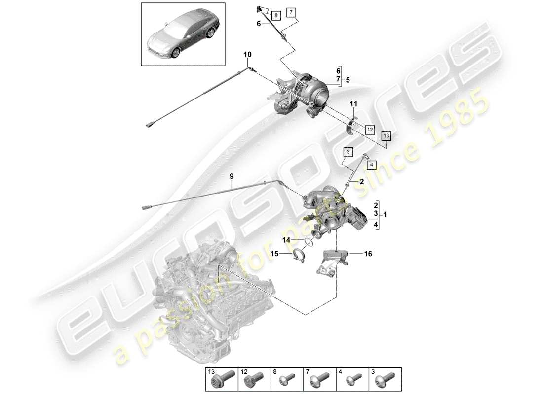 porsche 2017 (panamera 971-1) turbocompresor de gases de escape diagrama de piezas