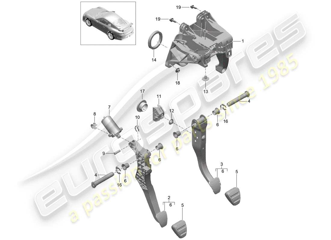 porsche 2017 (991-2 r/gt3/rs) freno y acc. diagrama de piezas del conjunto del pedal