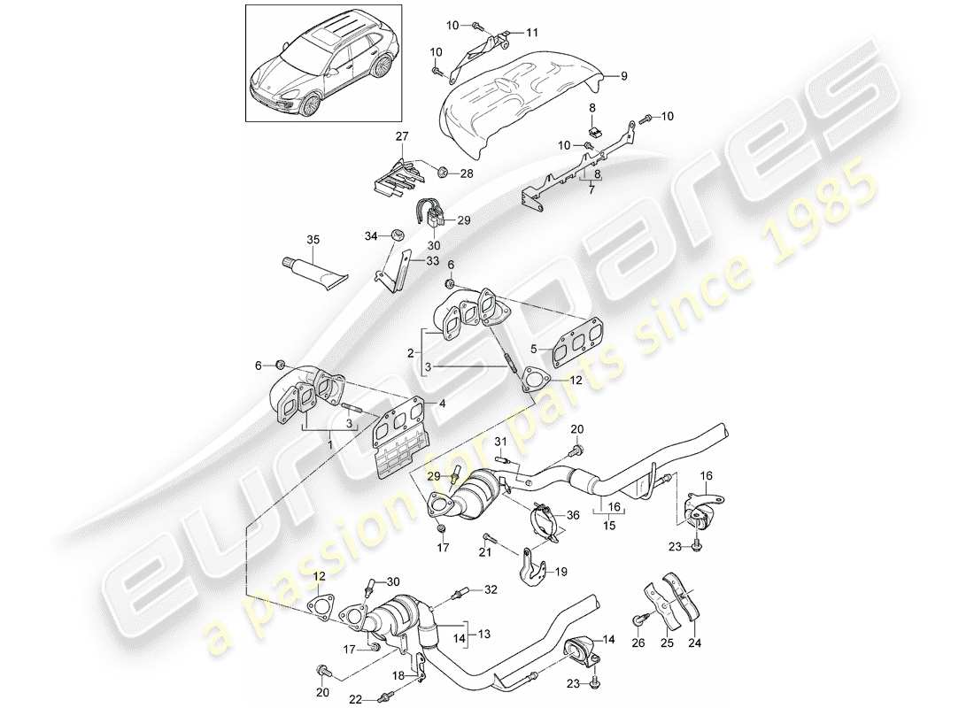porsche 2015 (cayenne e2 92a) sistema de escape diagrama de piezas