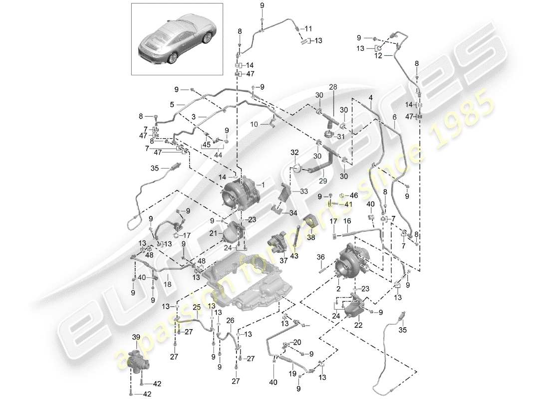 porsche 2016 (991-1 turbo) diagrama de piezas del turbocompresor de gas de escape