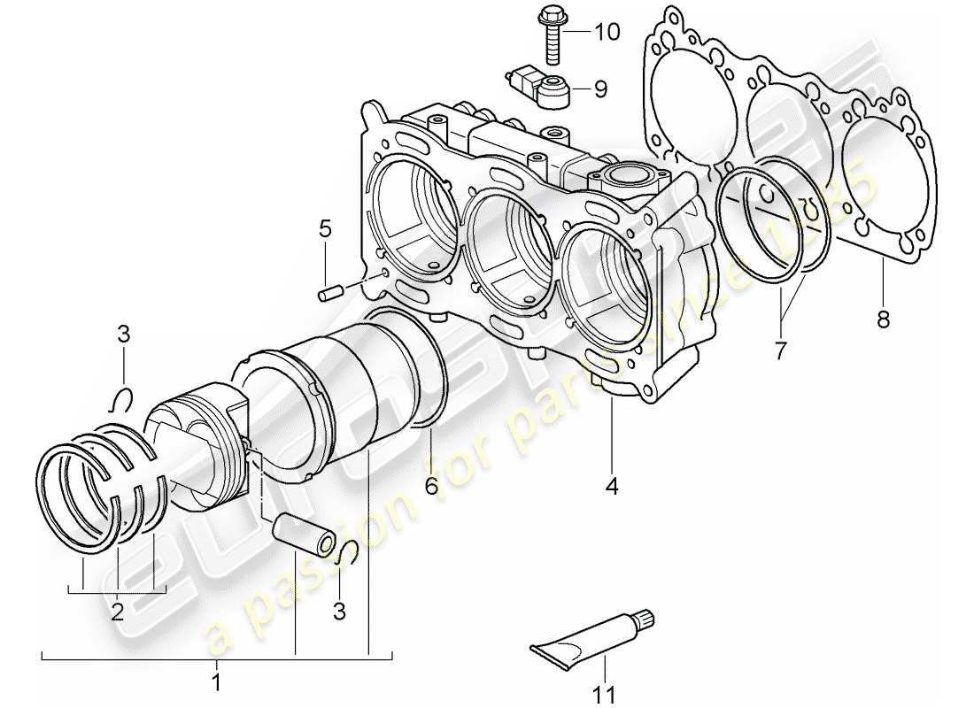 porsche 997 gt3 (2011) cilindro con pistones diagrama de piezas