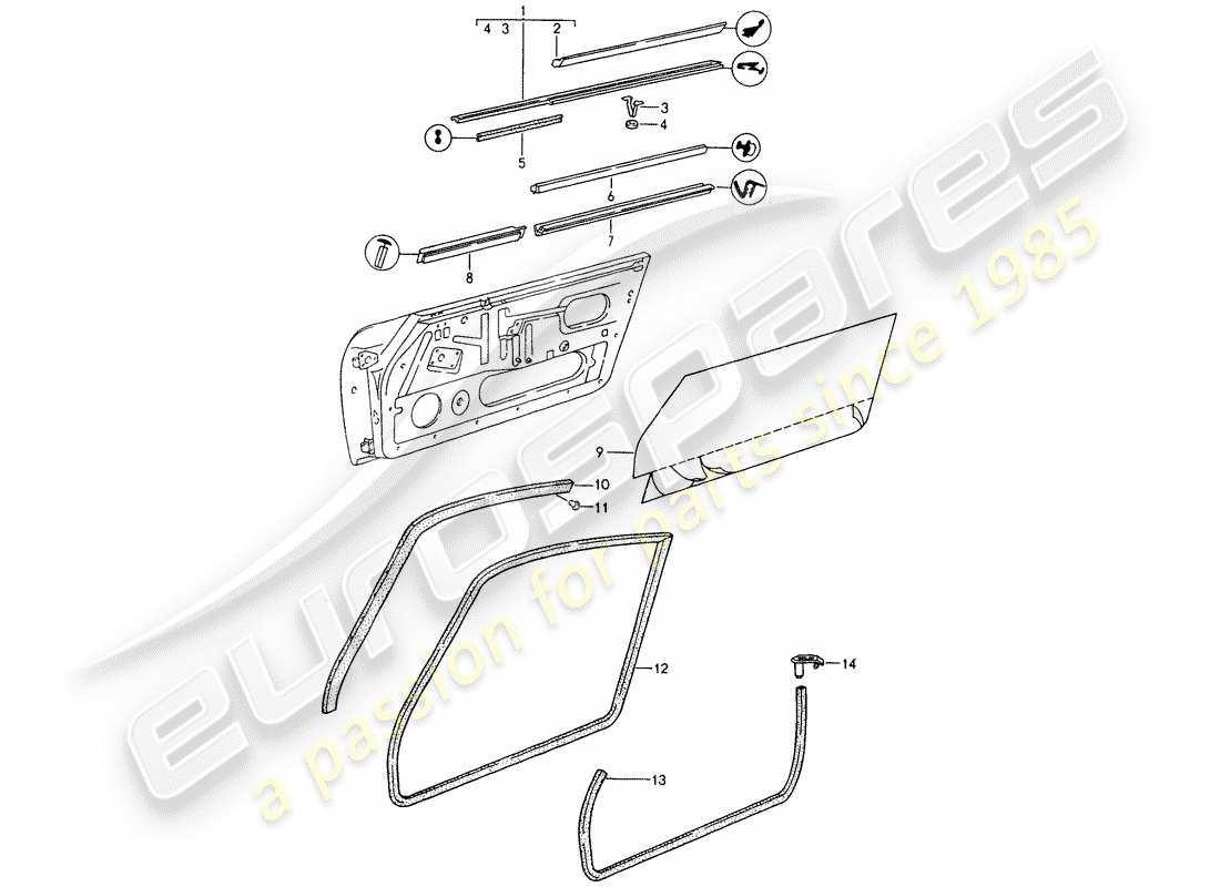 porsche 1990 (964) tira de sello - puertas diagrama de piezas