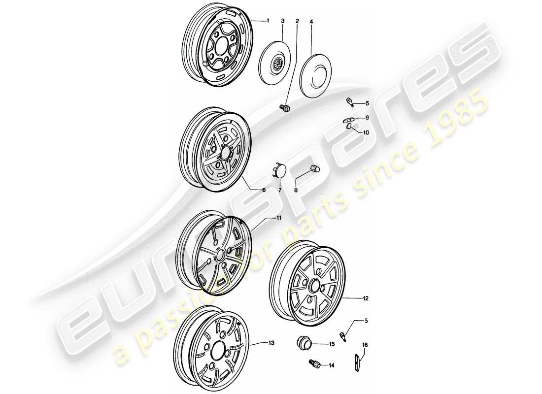 porsche 1974 (914) ruedas diagrama de piezas