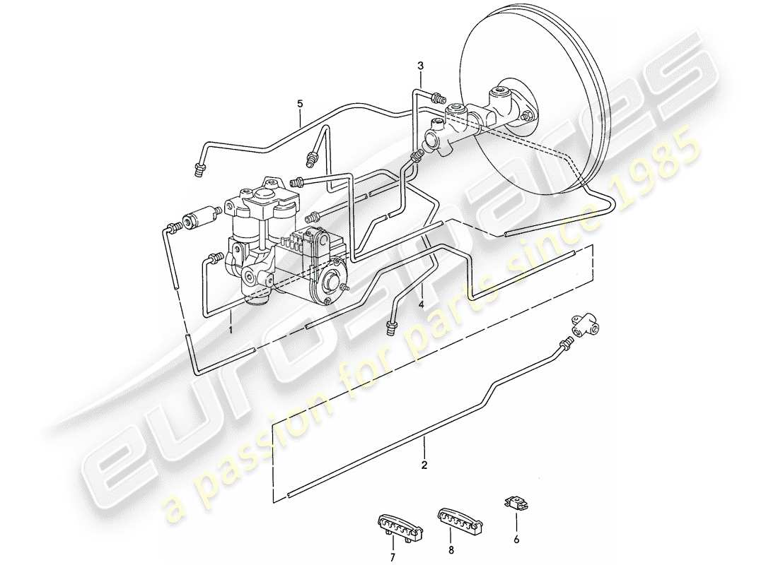 porsche 1990 (928) líneas de freno - sistema de freno antibloqueo -abs- diagrama de piezas