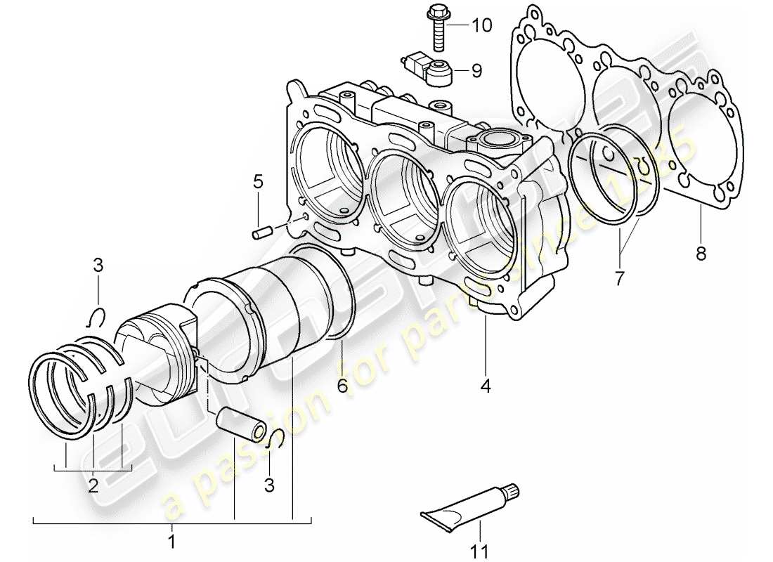 porsche 997 t/gt2 (2008) cilindro con pistones diagrama de piezas