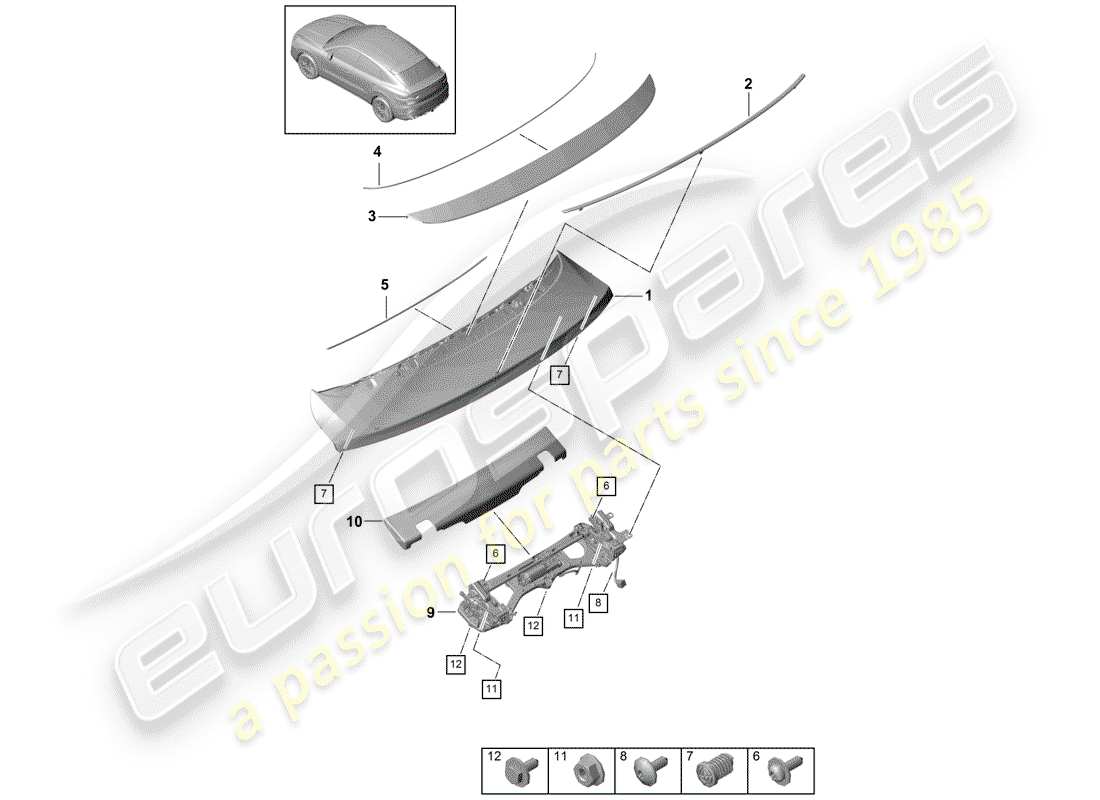porsche 2020 (cayenne e3 9ya/9yb) diagrama de piezas del spoiler trasero