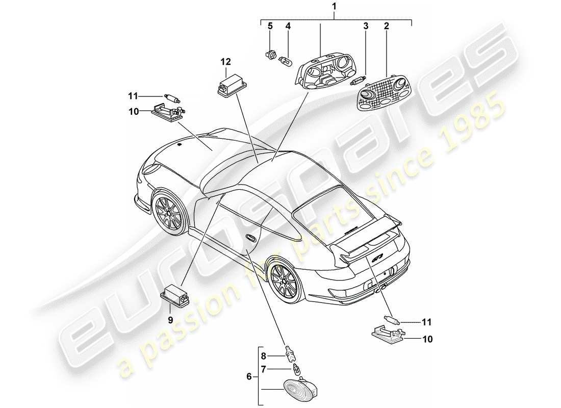 porsche 2007 (997-1 gt3) luces interiores diagrama de piezas