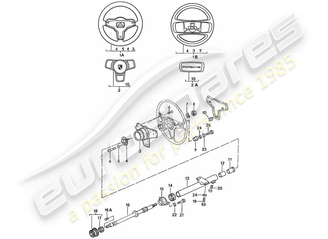 porsche 1986 (924s) volante - columna de dirección diagrama de piezas