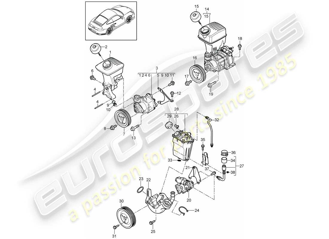 porsche 2013 (997-2 turbo / gt2 rs) diagrama de piezas de la dirección asistida