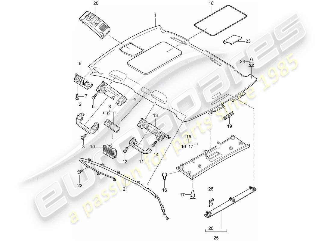 porsche 2004 (cayenne e1 9pa) panel de adorno de techo diagrama de piezas