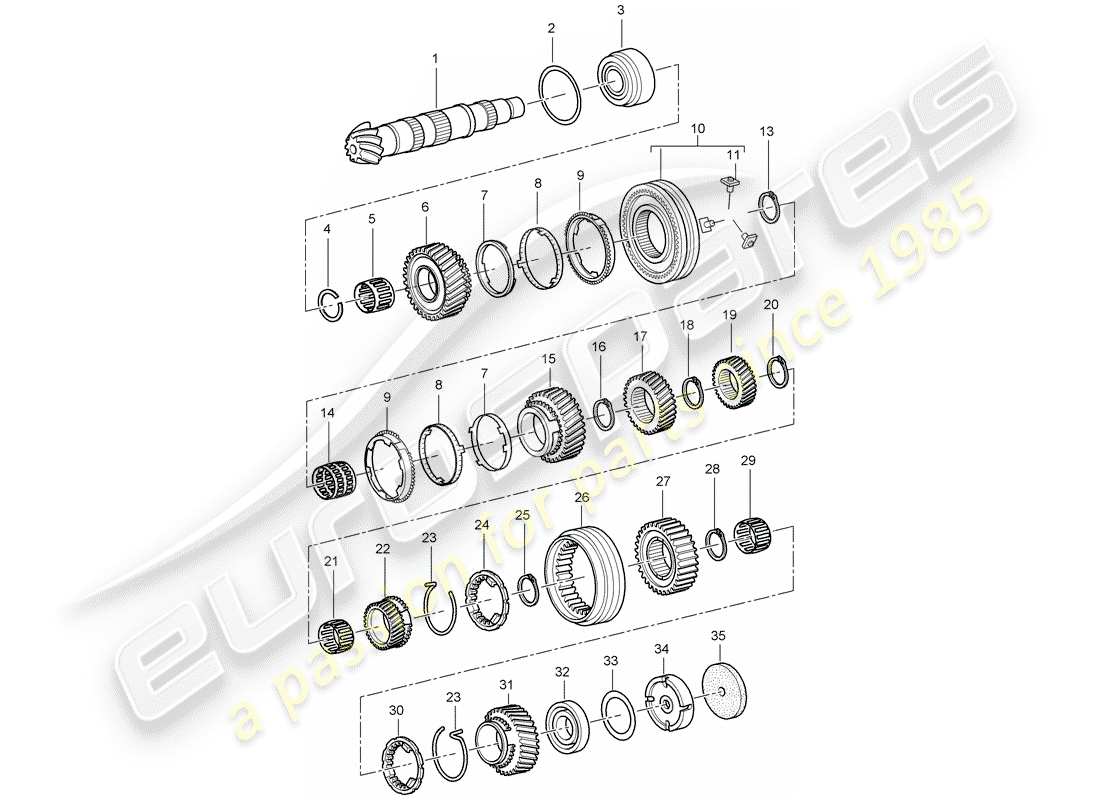 porsche 2007 (987 cayman) engranajes y ejes diagrama de piezas