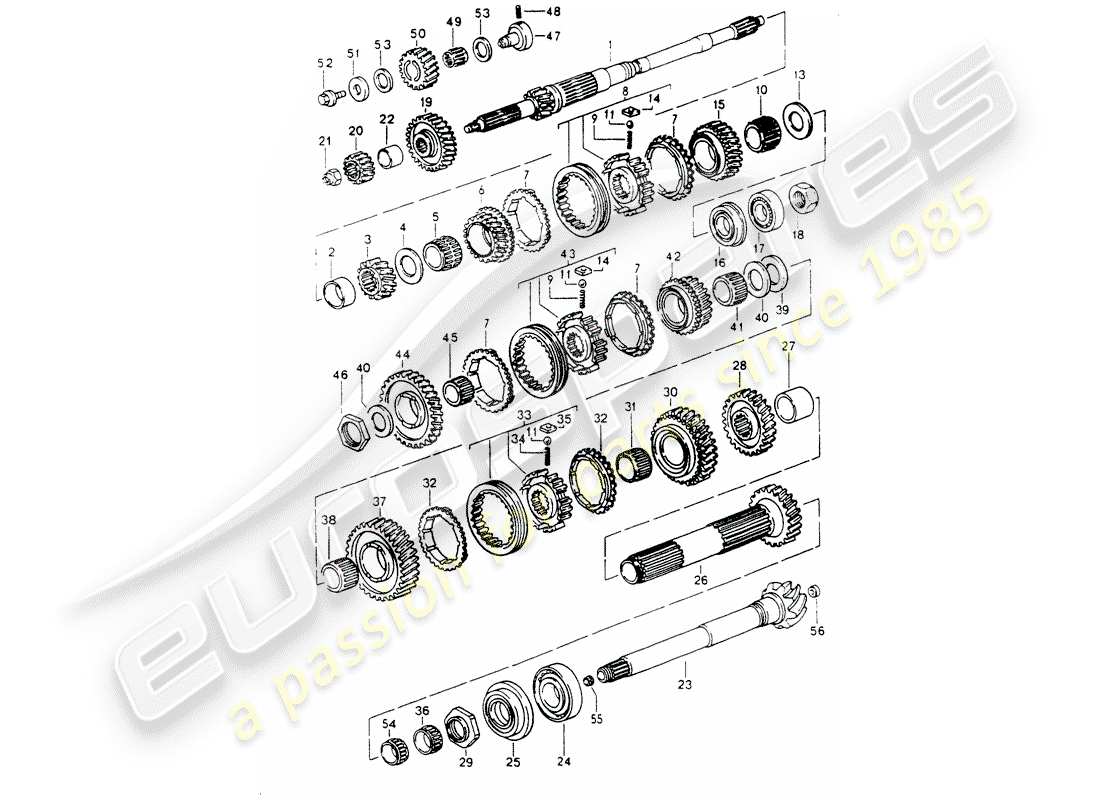 porsche 1994 (964) engranajes y ejes diagrama de piezas