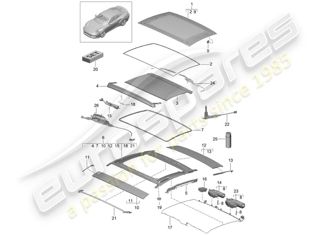 porsche 2019 (991-2 turbo) techo de cristal diagrama de piezas
