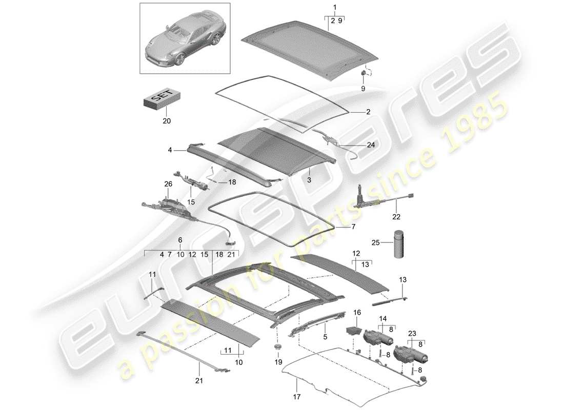 porsche 991 turbo (2019) diagrama de piezas del techo de cristal