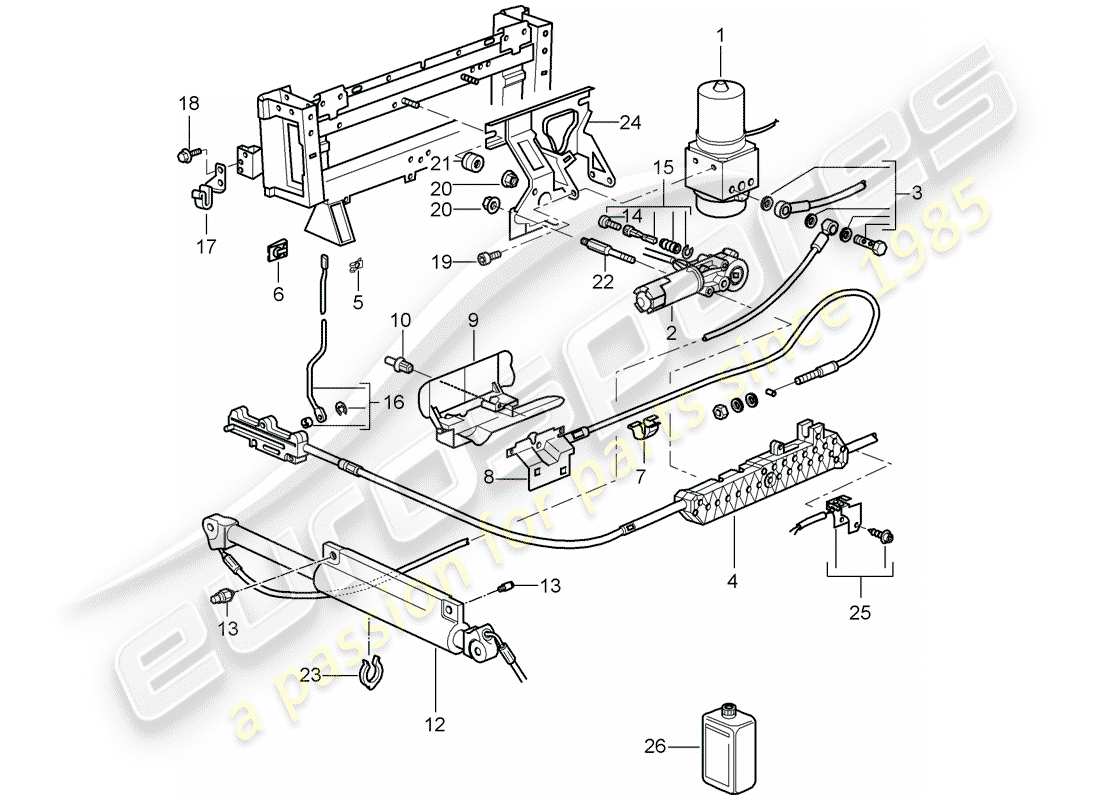 porsche 996 t/gt2 (2003) top convertible - mecanismo de conducción - diagrama de piezas hidráulico