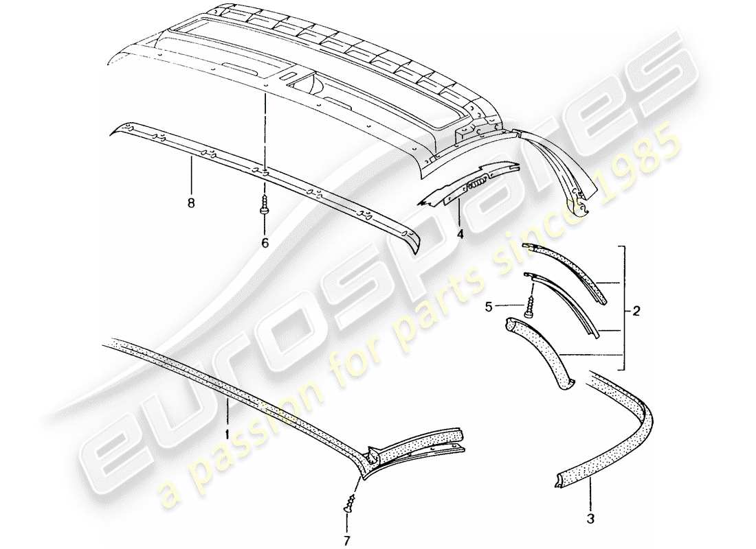 porsche 2003 (986 boxster) top convertible - tira de sello diagrama de piezas