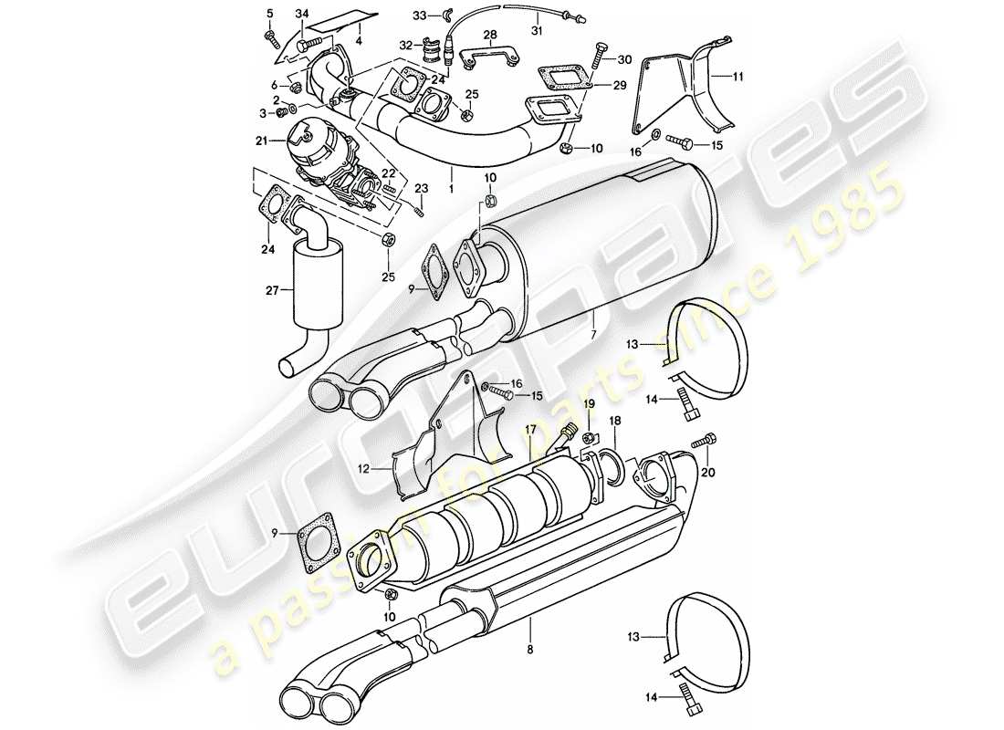 porsche 1989 (911) sistema de escape diagrama de piezas
