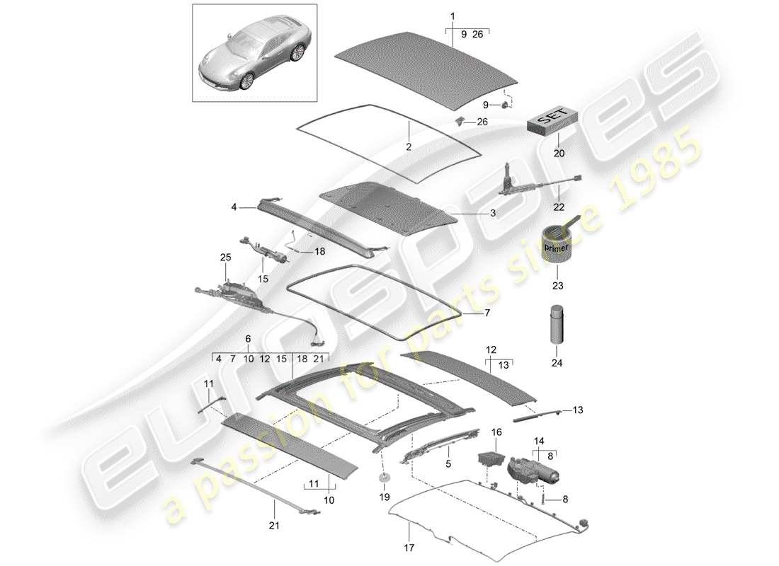 porsche 991 gen. 2 (2017) diagrama de piezas del techo corredizo/inclinable
