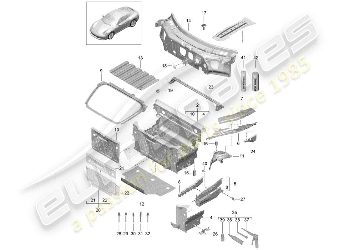 porsche 991 gen. 2 (2017) diagrama de piezas del extremo delantero