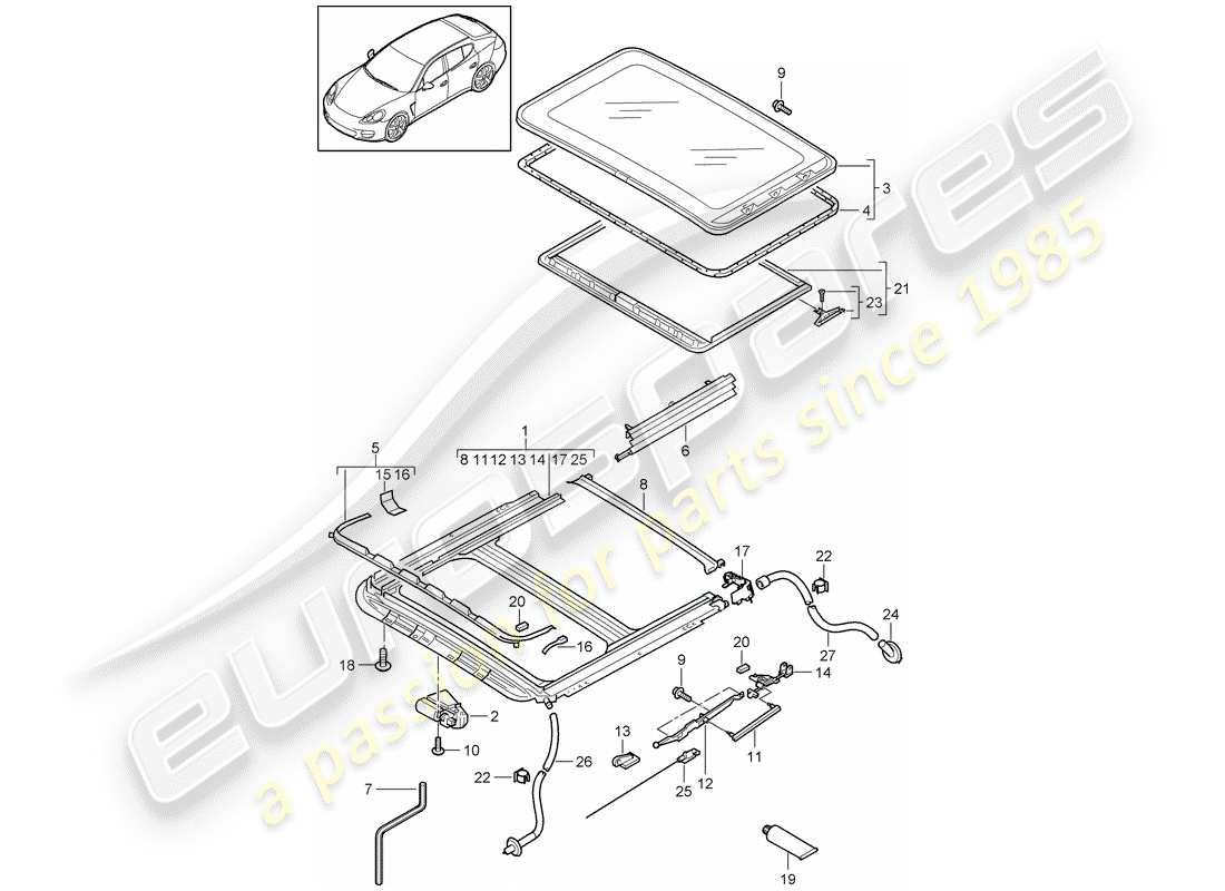 porsche 2012 (panamera 970) techo corredizo/abatible diagrama de piezas