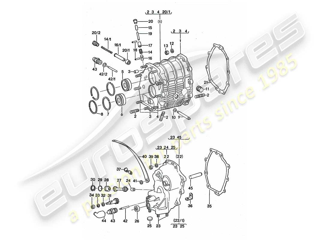 porsche 1977 (911 turbo) carcasa de engranajes - tapa de la transmisión diagrama de piezas