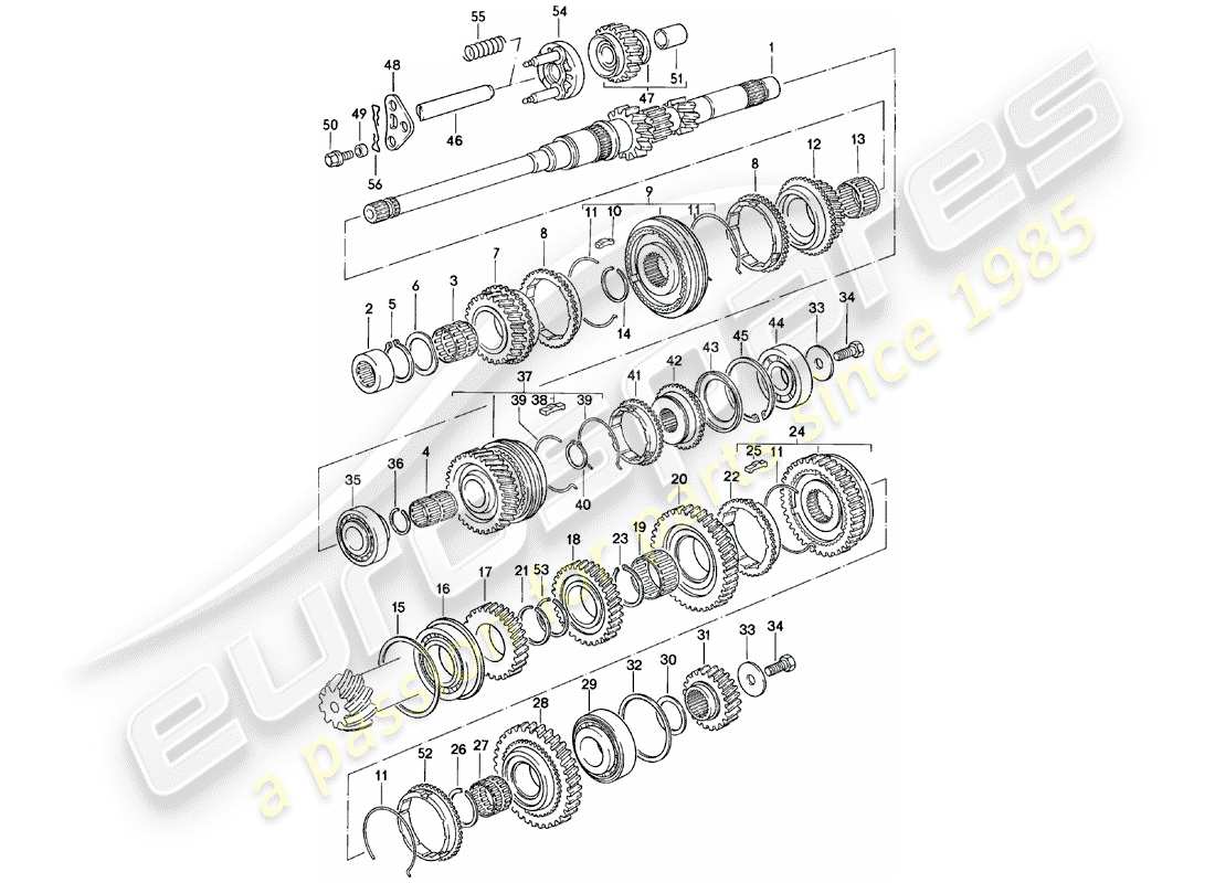 porsche 1981 (924) engranajes y ejes - caja de cambios manual - vq vr uv md - me mf mb mx - d - mj 1981>> esquema de piezas