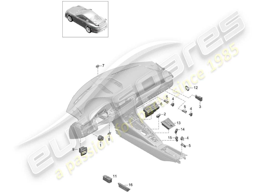 porsche 2016 (991-1 r/gt3/rs) switch diagrama de piezas