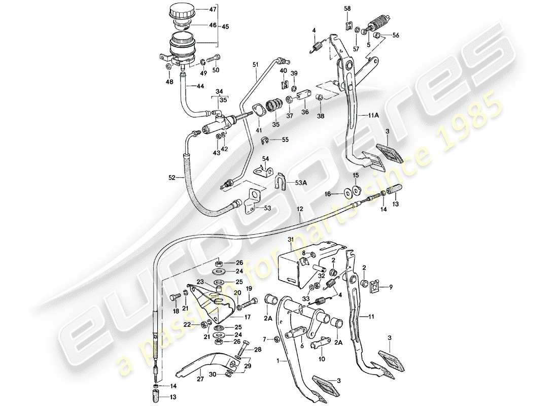 porsche 924 (1982) pedales de freno y embrague - diagrama de piezas del cluster