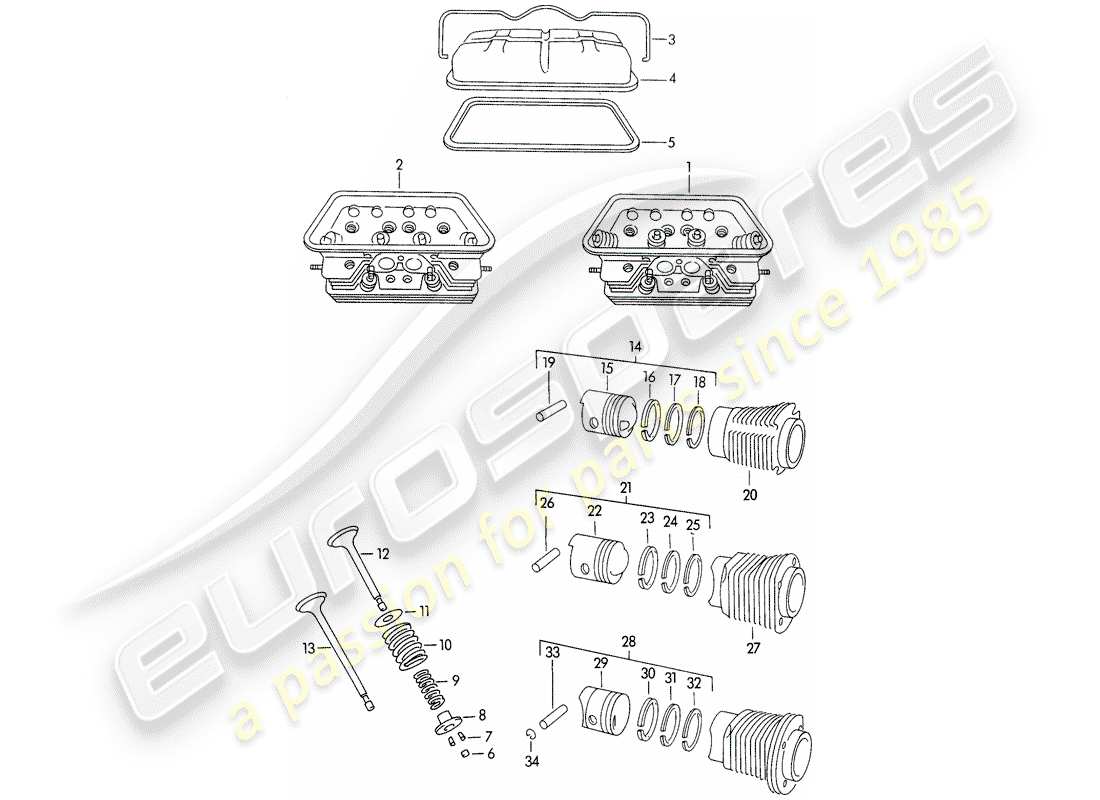 porsche 1954 (356/356a) culata - cilindro con pistones - m >> 10 199 - m >> 21 780 - m >> 50 099 - m >> 21 999 - m >> 33 899 - m >> 40 999 diagrama de piezas