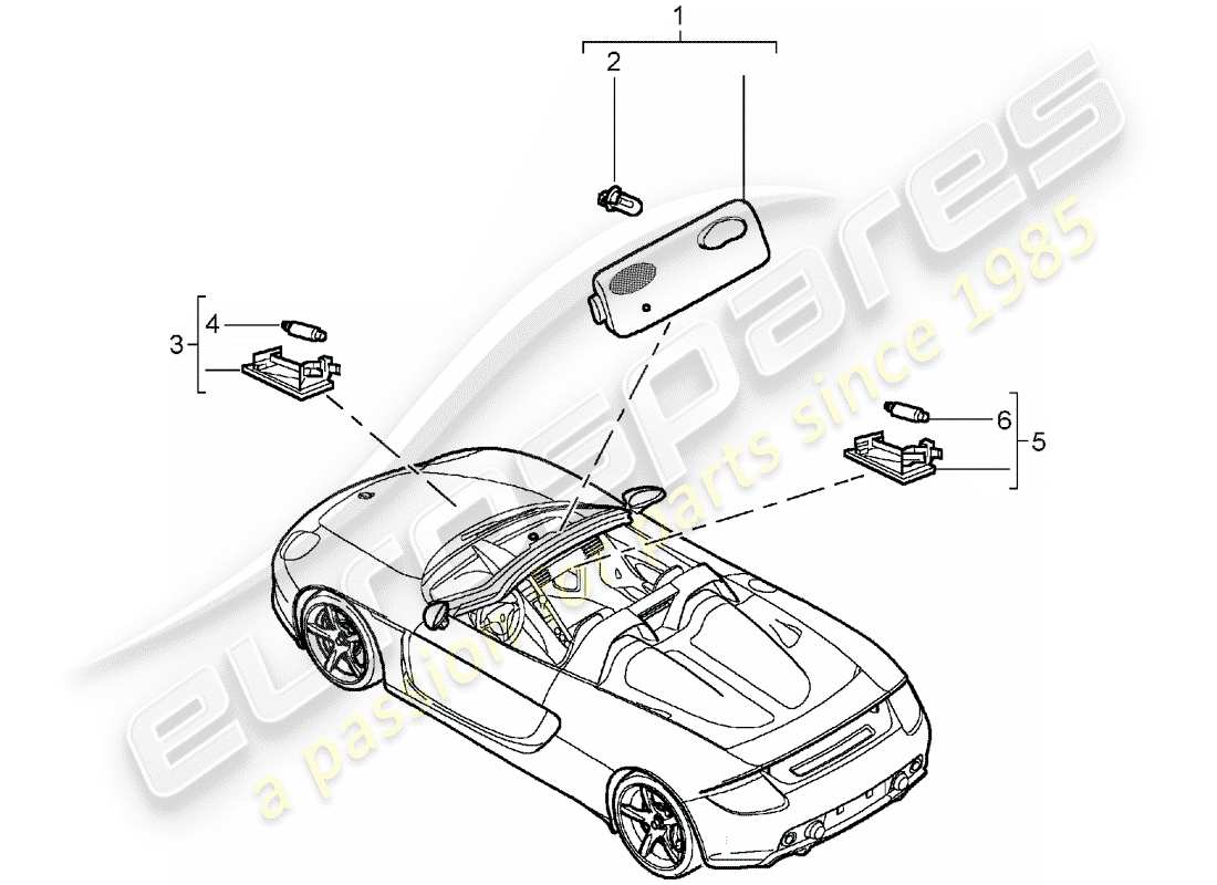 porsche 2004 (carrera gt) iluminación interior - lámpara del maletero - guantera esquema de piezas