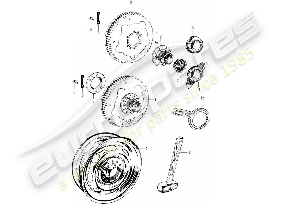 porsche 1957 (356/356a) rueda de disco perforado - cierre centralizado diagrama de piezas