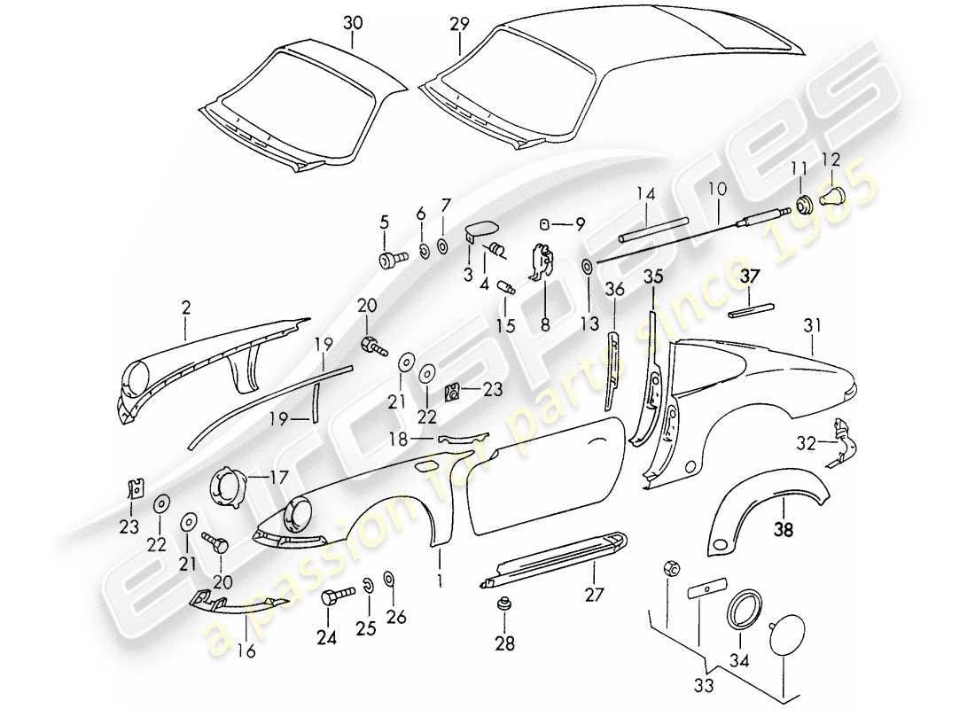 porsche 1973 (911) paneles exteriores diagrama de piezas