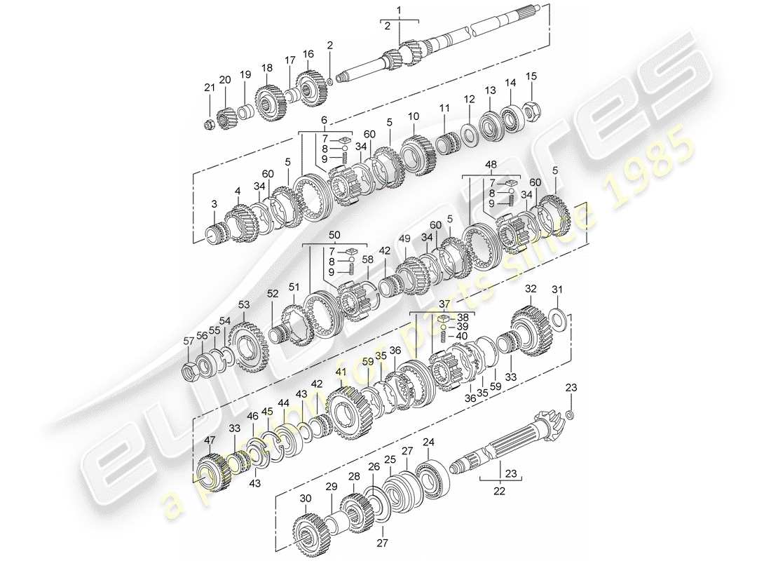 porsche 2009 997-2 turbo / gt2 diagrama de piezas de engranajes y ejes
