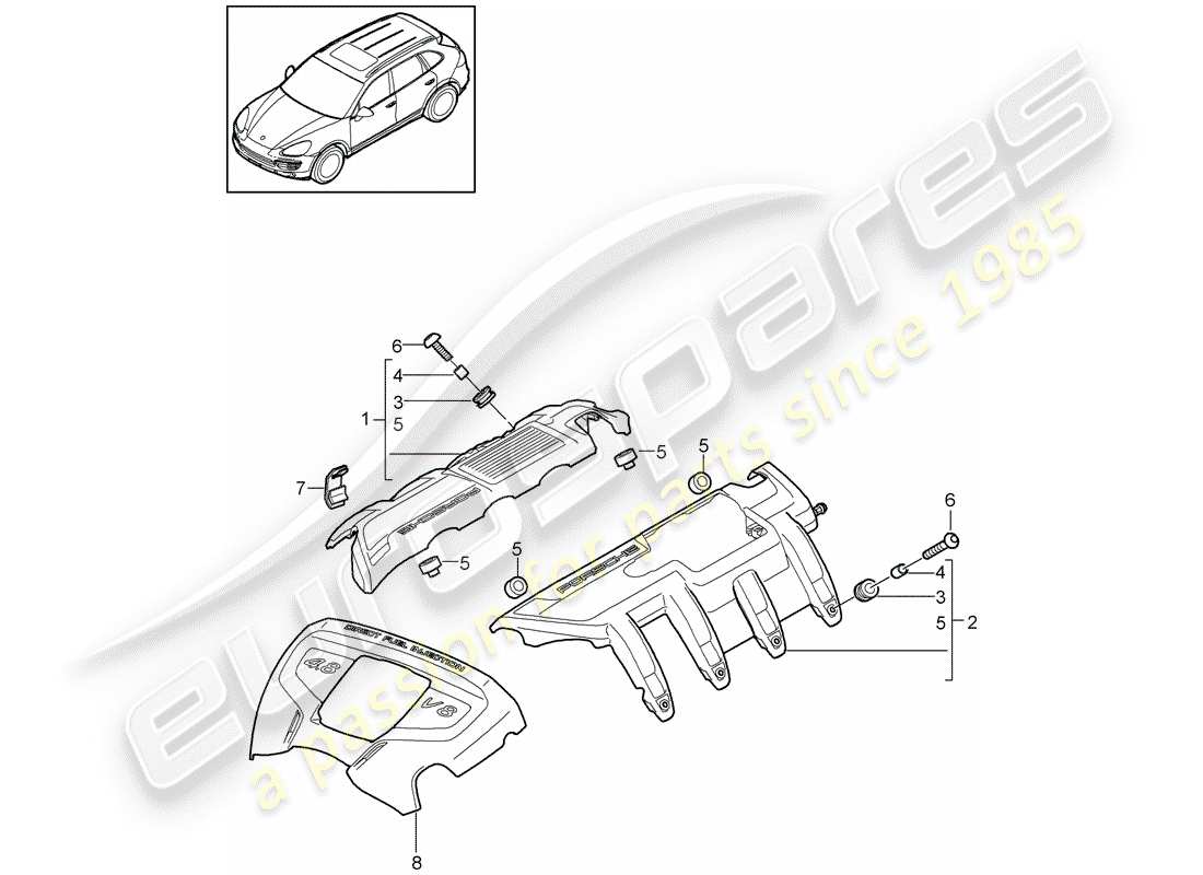 porsche cayenne e2 (2014) diagrama de piezas de la cubierta del motor