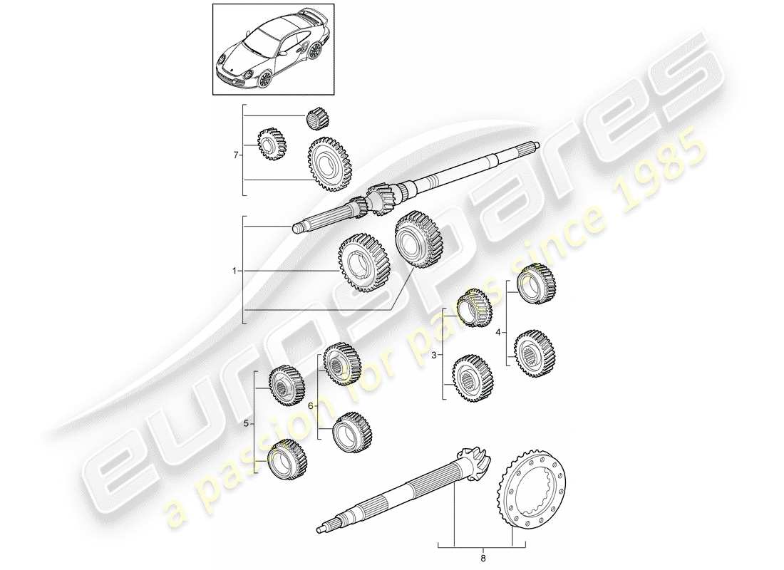 porsche 2013 (997-2 turbo / gt2 rs) juegos de ruedas dentadas diagrama de piezas