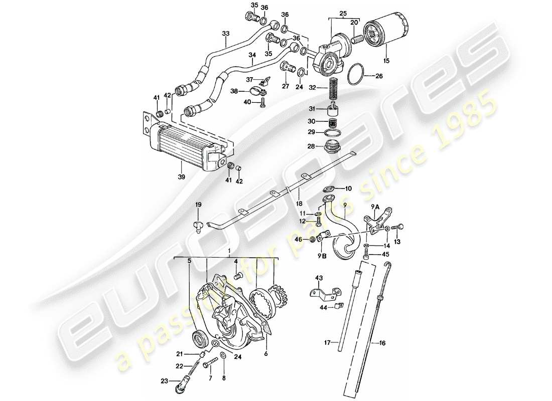 porsche 1982 (924) lubricación del motor - enfriador de aceite del motor diagrama de piezas