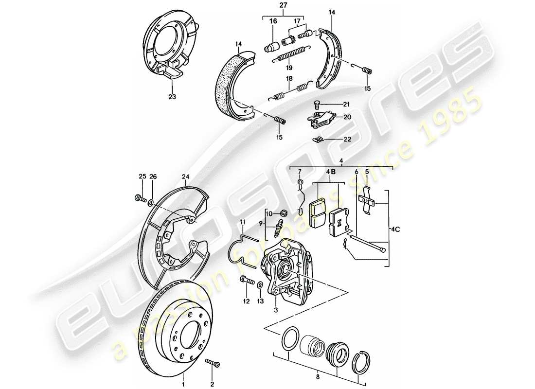porsche 1985 (924) frenos de disco - eje trasero diagrama de piezas