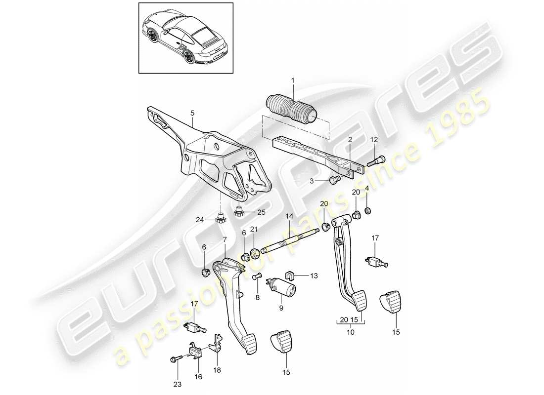 porsche 911 t/gt2rs (2012) diagrama de piezas de pedales
