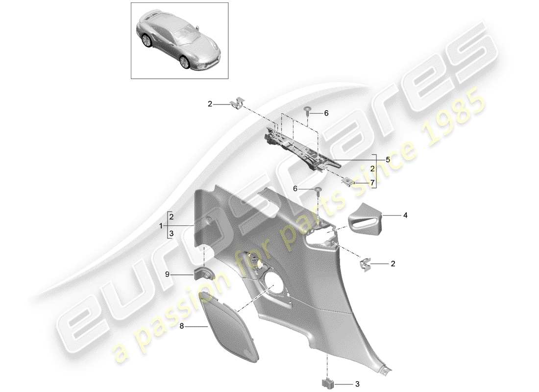 porsche 2020 (991-2 turbo) diagrama de piezas del panel de acabado cuarto