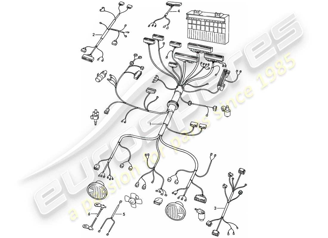 porsche 1987 (924s) arneses de cableado - diagrama de piezas del bahía del motor