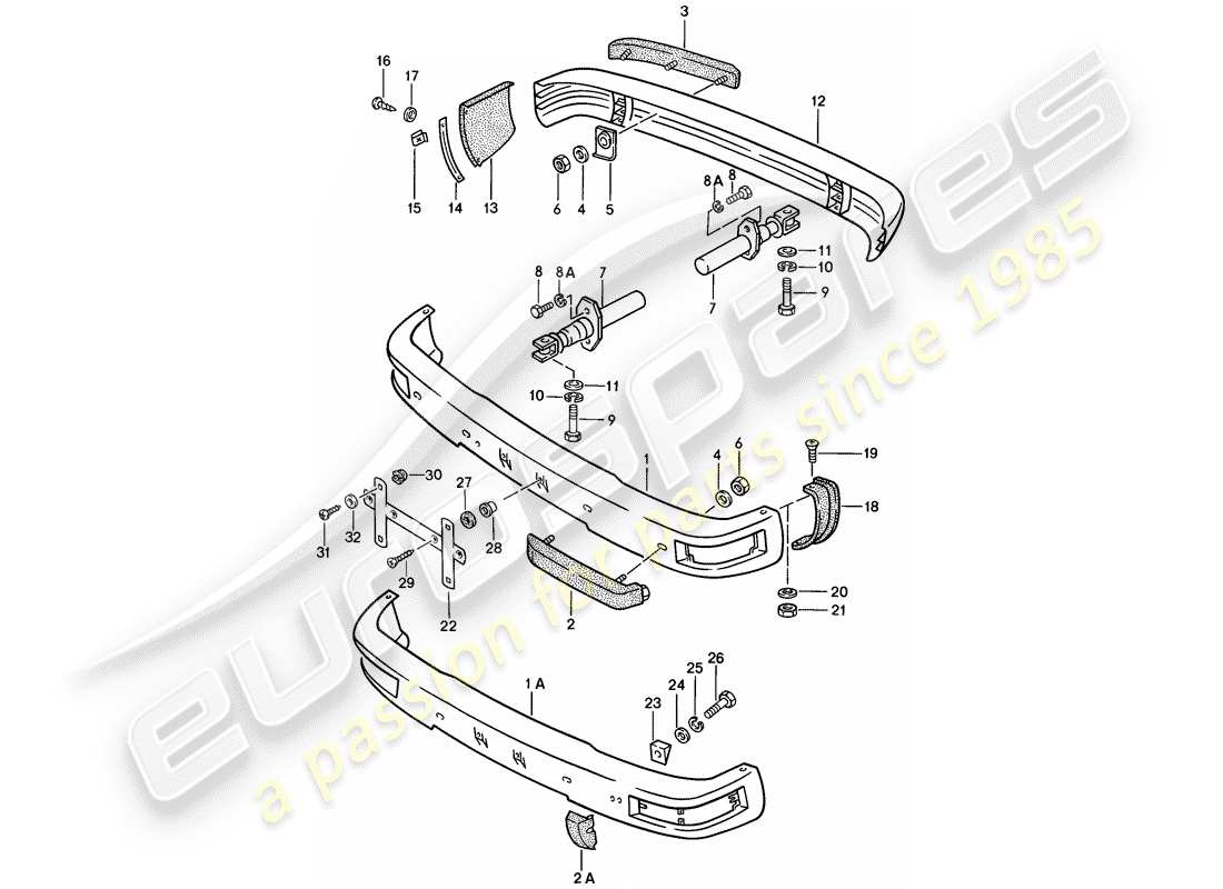 porsche 1976 (924) parachoques - con: - diagrama de piezas del buffer