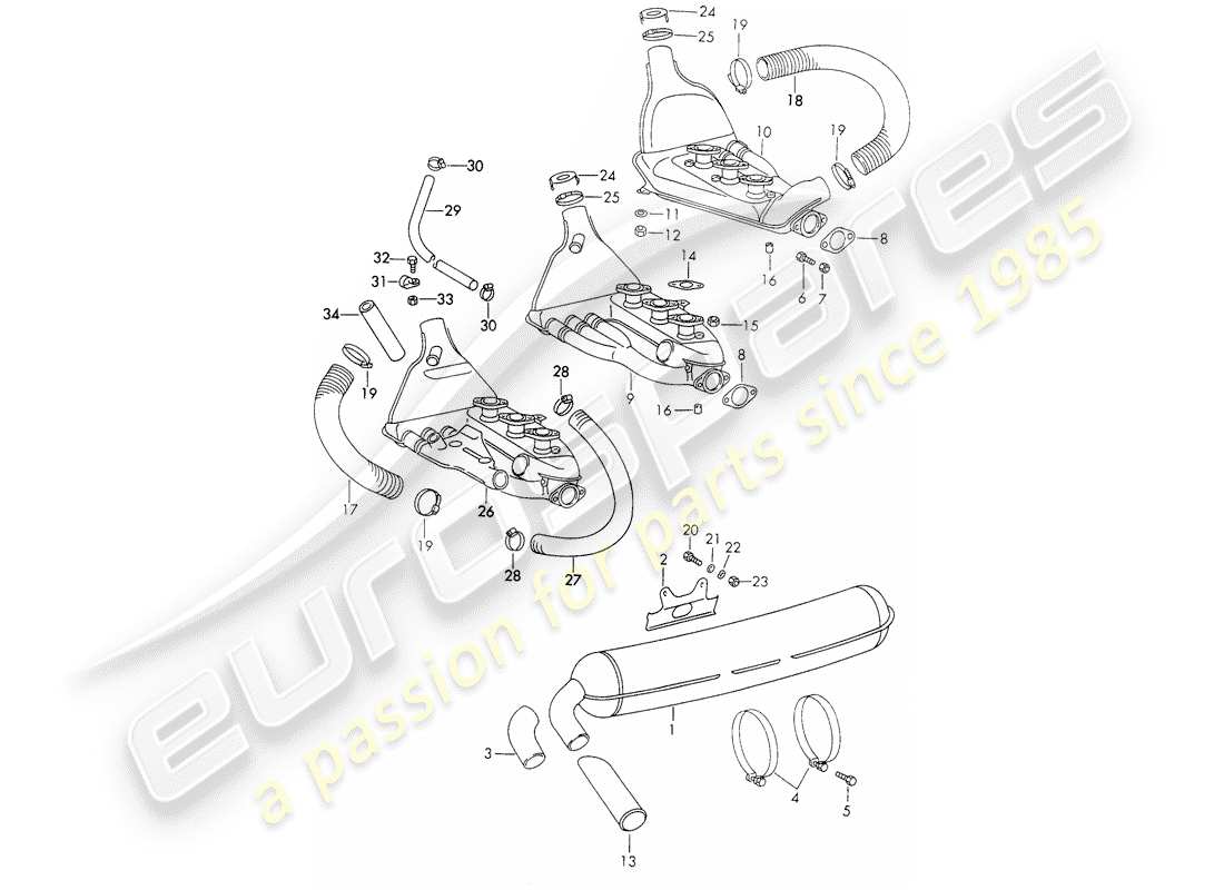 porsche 1972 (911) sistema de escape diagrama de piezas