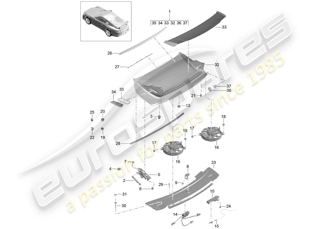 porsche 991r/gt3/rs (2015) diagrama de piezas del spoiler trasero